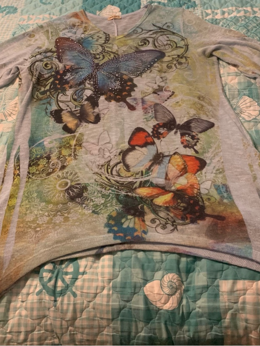 Women’s V-Neck Butterfly Print Sweater - Light Blue X-large